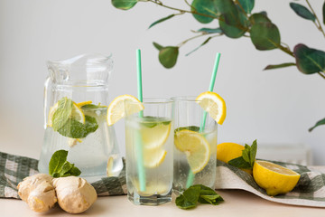 Summer cold lemonade, lemonade with ice and mint leaves