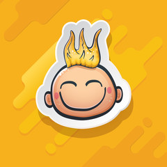 Cartoon cute hand drawn funny boy face isolated on orange background, Cartoon happy children with hair. 1 june international childrens day background with little smiling baby boy icon or label