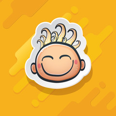 Cartoon cute hand drawn funny boy face isolated on orange background, Cartoon happy children with hair. 1 june international childrens day background with little smiling baby boy icon or label