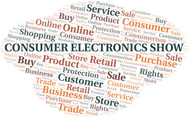 Consumer Electronics Show word cloud collage made with text only.