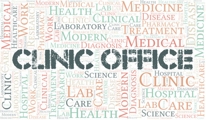 Clinic Office word cloud collage made with text only.