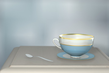3d rendering on tea cup and tea spoon on the beside table with copy space