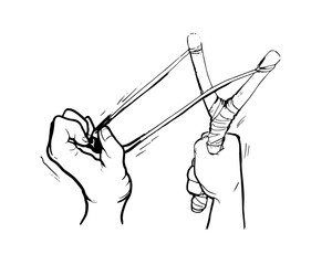 Drawing of a hand pulling back slingshot and aiming