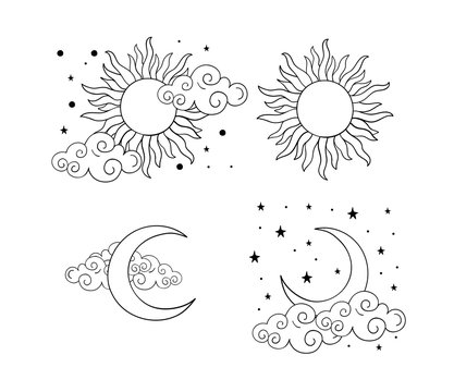 Mystical boho tattoos with sun, crescent, stars and clouds. Linear design, hand drawing. Set of elements for astrology, mysticism and fortune telling. Vector illustration on a white background