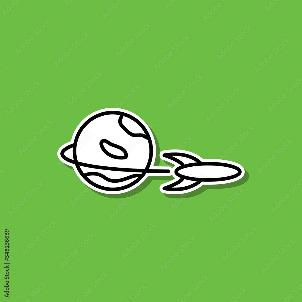 Poster rocket and planet sticker icon. simple thin line, outline vector of cartooning space icons for ui an