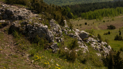 Fototapeta na wymiar View of the Sokolich Mountains Reserve and rock stones in Olsztyn. A free space for an inscription