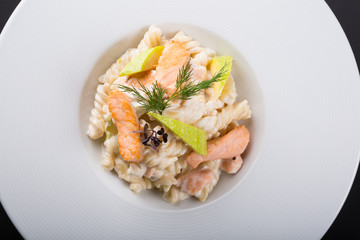 Creamy salmon pasta plate