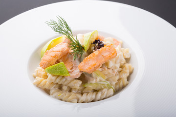 Creamy salmon pasta plate