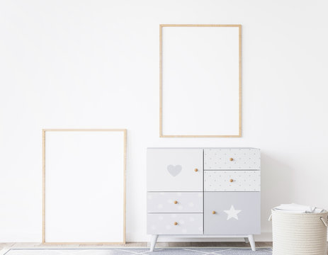 Modern minimalist, kid's room, Empty frame mock up interior in pastel colors