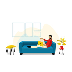 Man Sitting on Sofa at Living Room. Relax or Working on Comfortable Couch on Evening or Weekend at Home. Flat Vector Illustration.