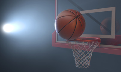 Fototapeta premium An action shot of a regular basketball teetering on the rim of a red basketball hoop dramatically spotlit from behind on an isolated dark background - 3D render