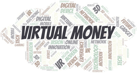 Virtual Money word cloud collage made with text only.