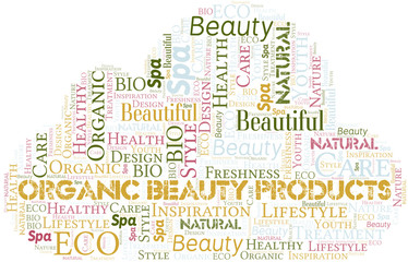 Organic Beauty Products word cloud collage made with text only.