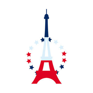 eiffel tower with decorative stars icon, flat style