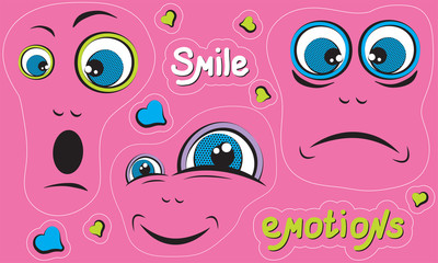 Stickers with funny faces emoji with facial expressions. Handwritten lettering stickers. Cute doodle