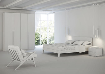 Modern bedroom interior. Gray interior. 3D rendering.