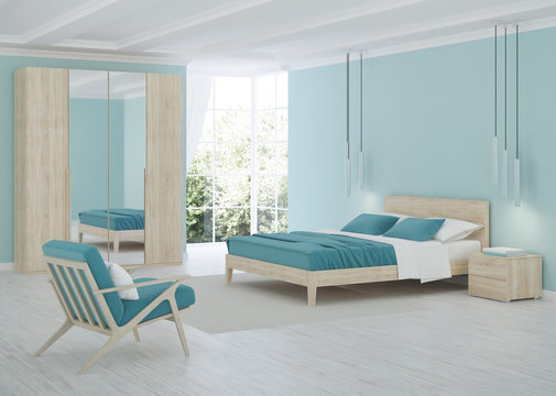 Modern Bedroom Interior With Blue Walls. 3D Rendering.