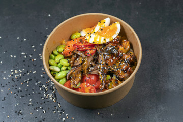 Poke bowl with moshroom, rice, agg and vegetables