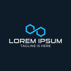 Technology logo design in blue hexagon monogram shape.