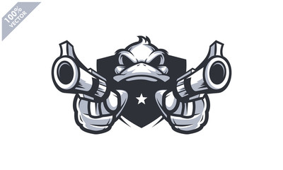 Duck head holding two gun, tactical team, Airsoft gun or Paintball club logo. Design element for company logo, label, emblem, apparel or other merchandise. Scalable and editable Vector illustration