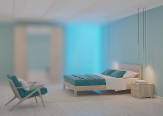 Modern bedroom interior with blue walls. Night. Evening lighting. 3D rendering.