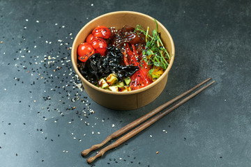 Poke bowl with moshroom, rice, agg and vegetables