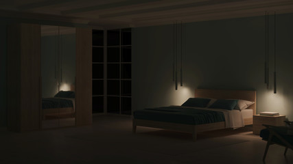 Modern bedroom interior with blue walls. Night. Evening lighting. 3D rendering.