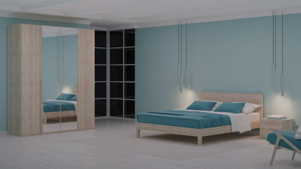 Modern bedroom interior with blue walls. Night. Evening lighting. 3D rendering.