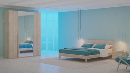Modern bedroom interior with blue walls. Night. Evening lighting. 3D rendering.