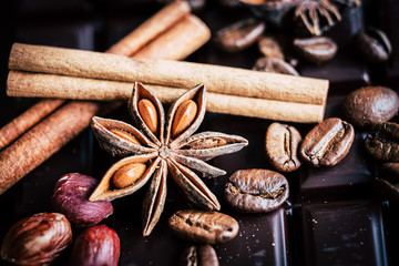 Cannelle en bâtons chocolat grains de café et anis étoilé