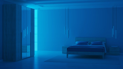 Modern bedroom interior with blue walls. Night. Evening lighting. 3D rendering. - 348242273