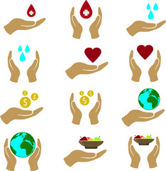 Donations, food, blood, water, money, save the world, Charity vector icon set color