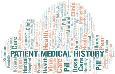 Patient Medical History word cloud collage made with text only.