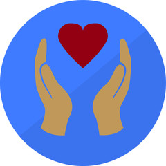 Charity vector icon hands and heart on blue background