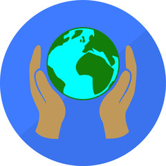Planet Earth in hands, save the planet, ecology, climate vector icon color on blue background