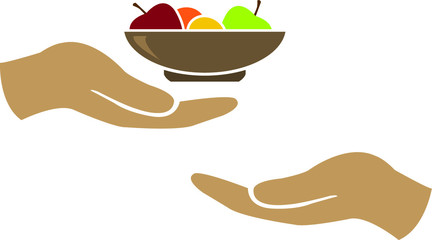Food donation, fruit basket on hand charity vector icon