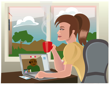 A young woman working from home in a conference call and having a coffee in front of her laptop computer. Vector Illustration