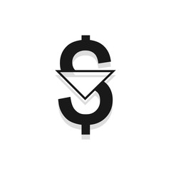 Dollar down icon. Cost reduction sign. Money symbol with arrow stretching rising drop fall down. Decrease dollar, fall, vector illustration.