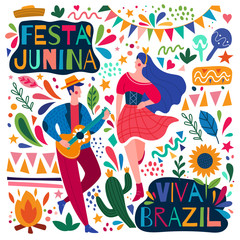 Obraz na płótnie Canvas Happy colorful Festa Junina Viva Brazil poster design with a young man playing guitar and woman dancing surrounded by colorful icons, colored vector illustration