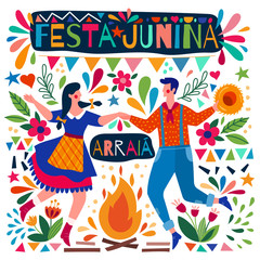 Happy couple dancing on a Festa Junina poster design with colorful background pattern and campfire, colored vector illustration
