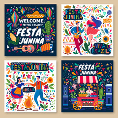Set of four different colorful Festa Junina holiday poster designs with text, dancing couples and street vendor against a bright background pattern, colored vector illustration