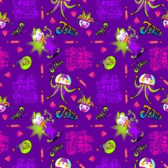 Joker and dynamite boom doodle illustration with typography seamless pattern vector with violet purple background 