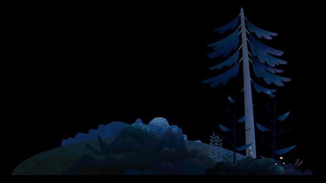 Seamless loop. Pine tree, bushes, flowers and grass on a hill swing in the wind. Blue misty night. Animated vector illustration with brushes isolated on black background with alpha luma matte.
