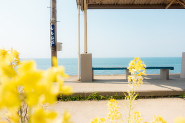 Shimonada train station at Ehime Prefecture, Japan. The non-english character on the pole is the name of the station.