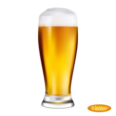 Glass of beer on a white background. Realistic drink. Macro icon craft beer. Dark, lager, strong alcohol. Vector illustration beverage 3D. Design element. Stock.
