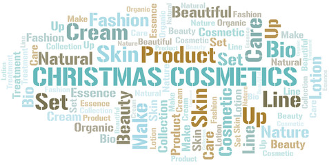 Christmas Cosmetics word cloud collage made with text only.
