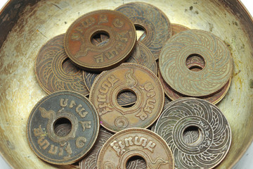 Close-up old Thailand coin 1 satang.