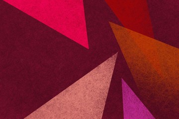 Abstract geometric background design with layers of red orange and pink triangle shapes with texture on burgundy background, creative trendy modern graphic art illustration