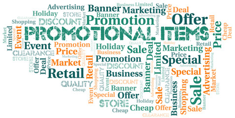 Fototapeta premium Promotional Items word cloud collage made with text only.