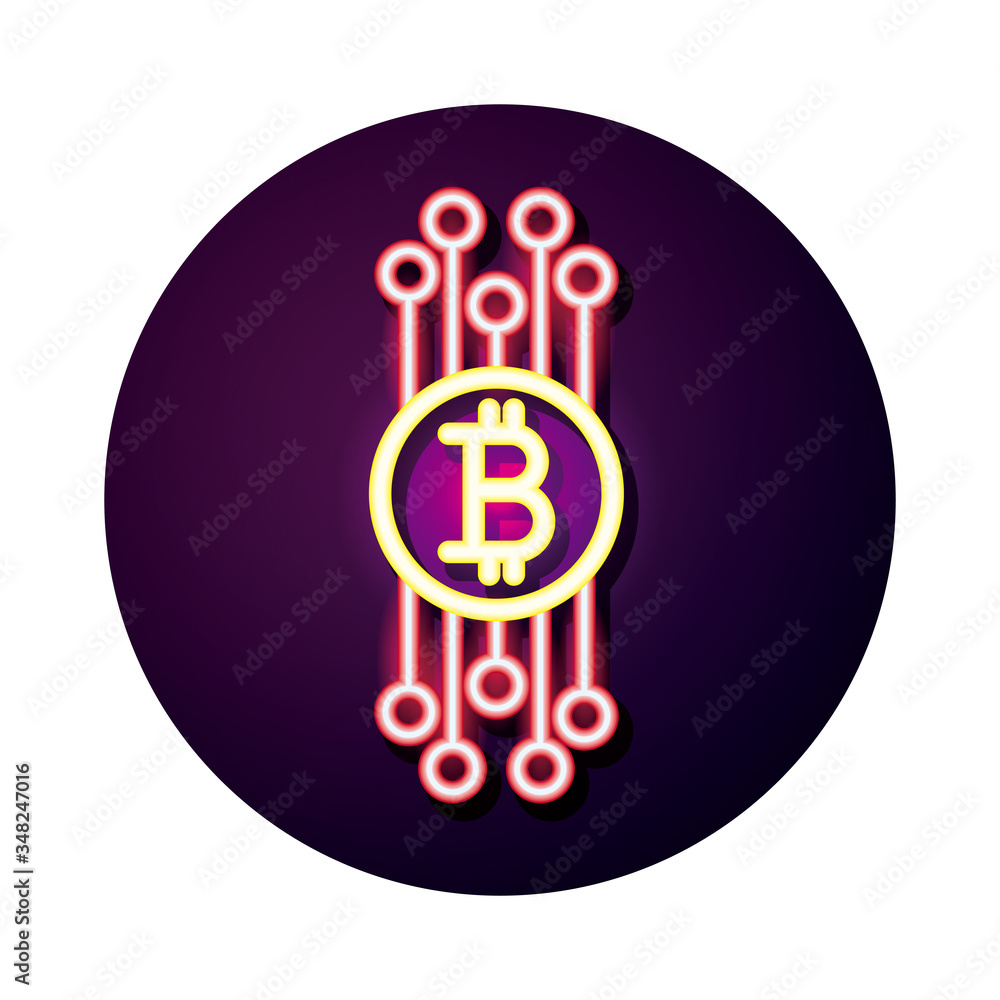 Poster bitcoin with circuit crypto currency neon style